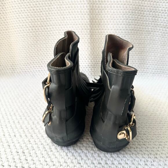 Burberry Black Rubber Fringe Trim Double Gold Buckle Slip On Rain Ankle Boots 37 - Picture 8 of 11